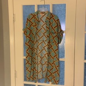 Sage & tan blouse that can be worn open, half buttoned, as dress or coverup.